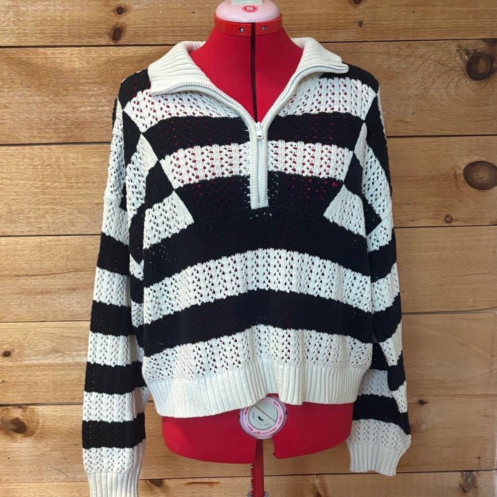 a.new day Cream and Black Open-Knit Half-Zip Sweater